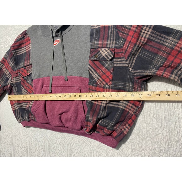 Vintage Patch Reworked Cropped Nike Hoodie Plaid Flannel Hybrid Grey Red Small - Picture 6 of 8
